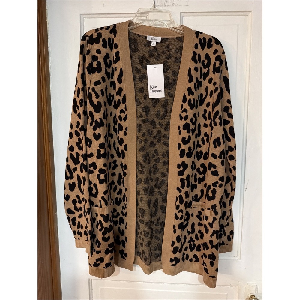 Kim Rogers Women's Black & Tan Animal Print Open Front Cardigan Size Large NWT